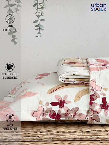 URBAN SPACE Serene White Floral Printed 200 TC Pure Cotton Bedsheet & Pillow Covers
