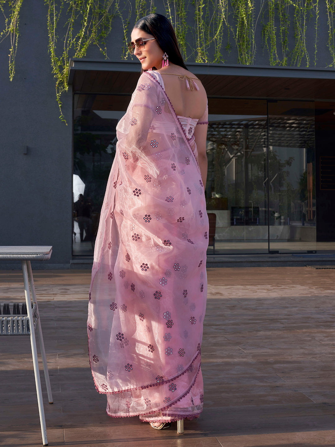 Tikhi Imli Floral Mirror Work Organza Saree