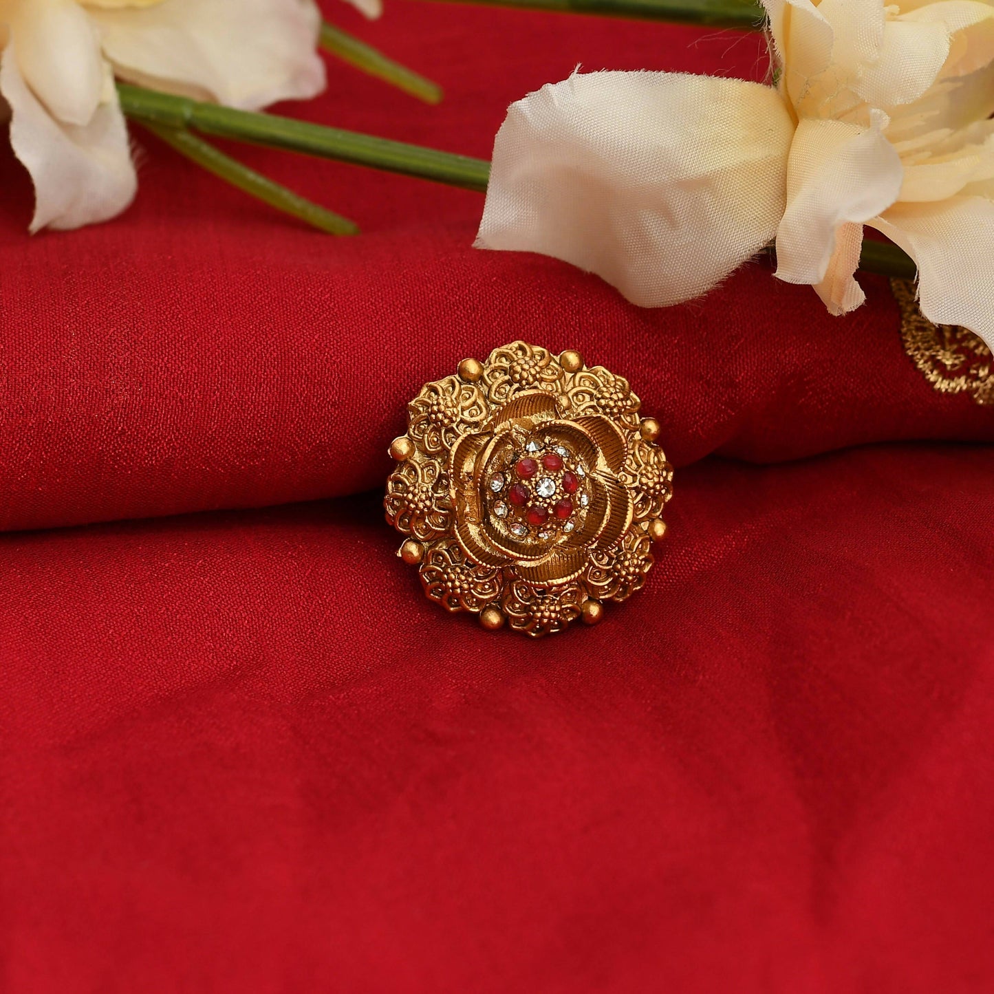 Mominos Fashion Joharkamal Gold-Polished Stone Studded Adjustable Finger Ring - Design 019