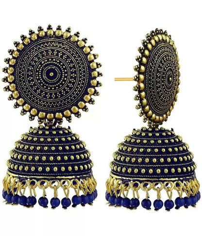 Mominos Fashion Joharkamal Gold-Polished Meenakari Jhumkas For Women & Girls (Blue)