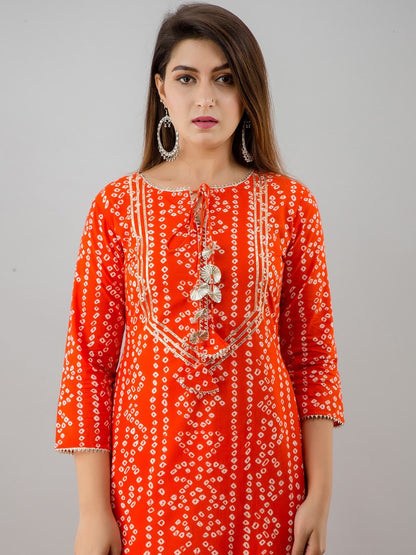 HERE&NOW Orange Tie Up Neck Bandhani Printed Gotta Patti Kurta