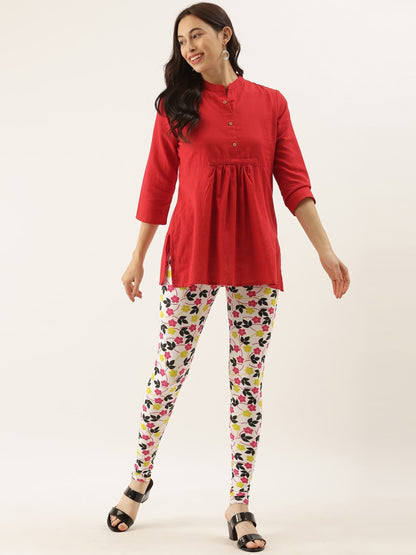 Souchii White & Pink Floral Printed Ankle-Length Leggings
