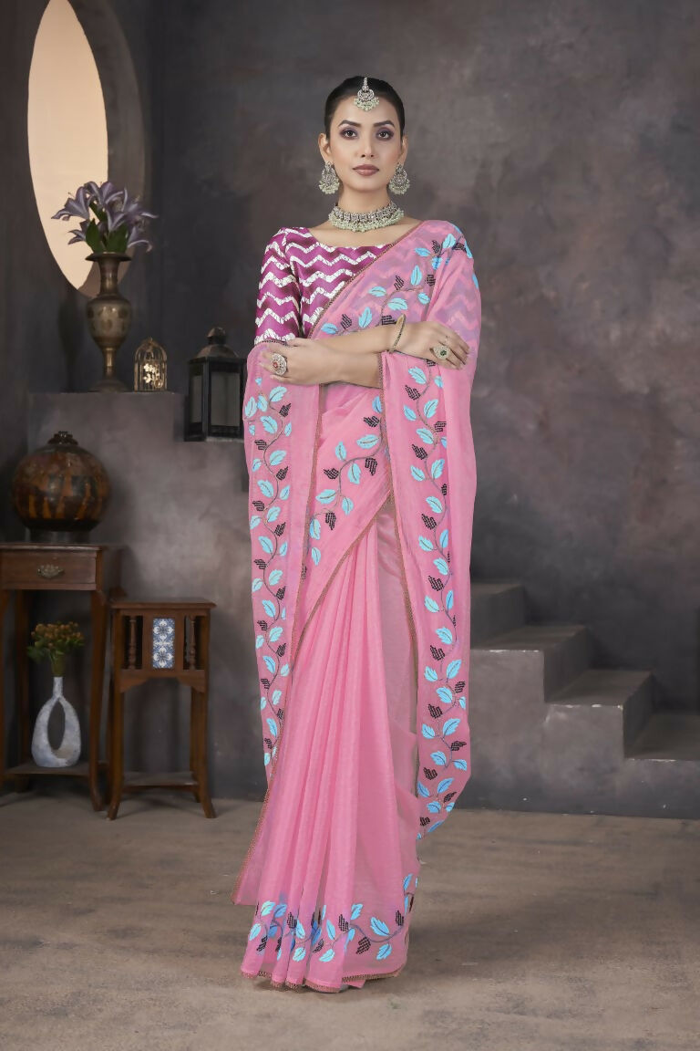 Vastranavya Pink Soft Crush Georgette Thread Embroidery work of Leaf Pattern with Patched Lace Border Saree