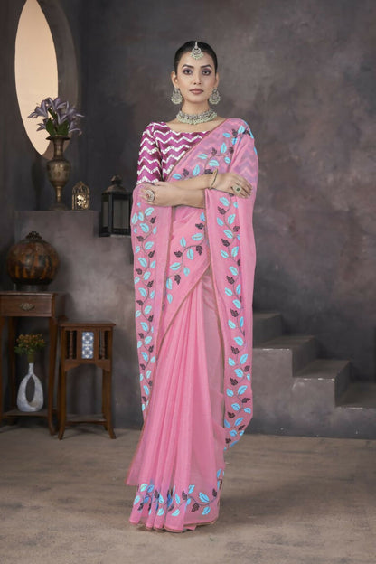 Vastranavya Pink Soft Crush Georgette Thread Embroidery work of Leaf Pattern with Patched Lace Border Saree