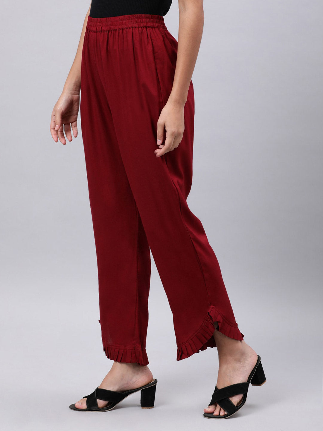 Souchii Women Maroon Solid Pleated Ruffled Liva Palazzos