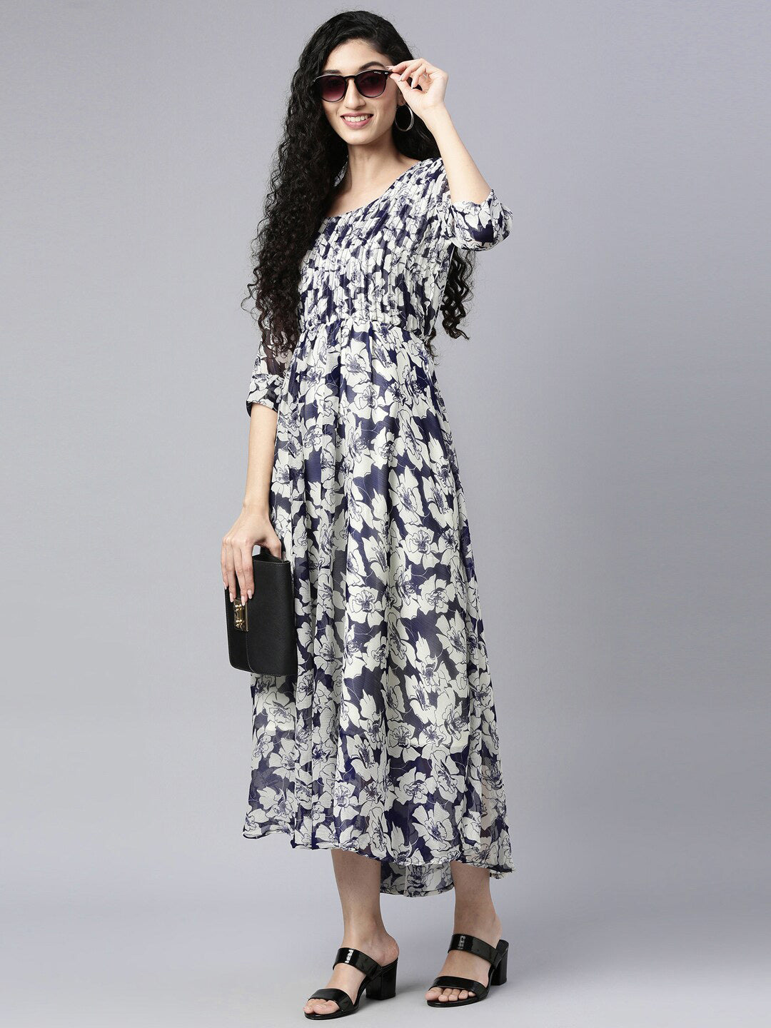 Souchii Floral Printed Chiffon Empire Midi Dress
