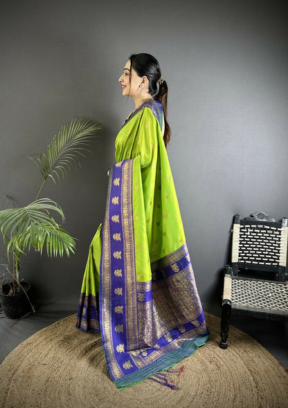 Joban Fashion Parrot Green Banarasi Soft Silk Woven Butti Saree