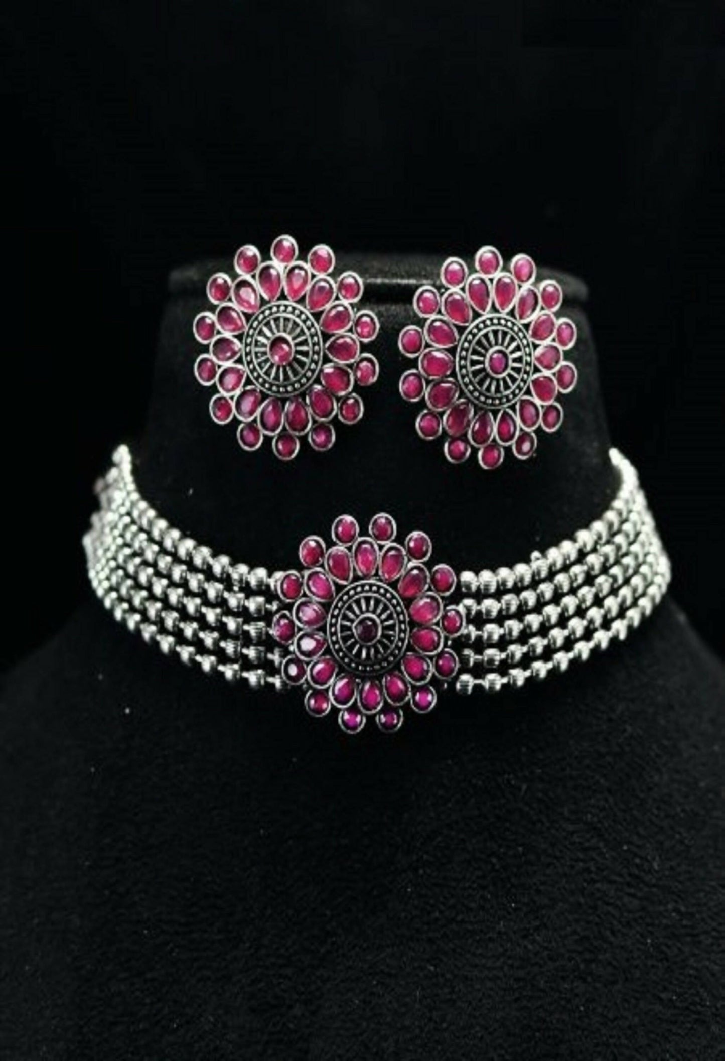 Mominos Fashion Johar Kamal Oxidised Silver-Plated Brass Finish Kundan Choker For Women (Pink)