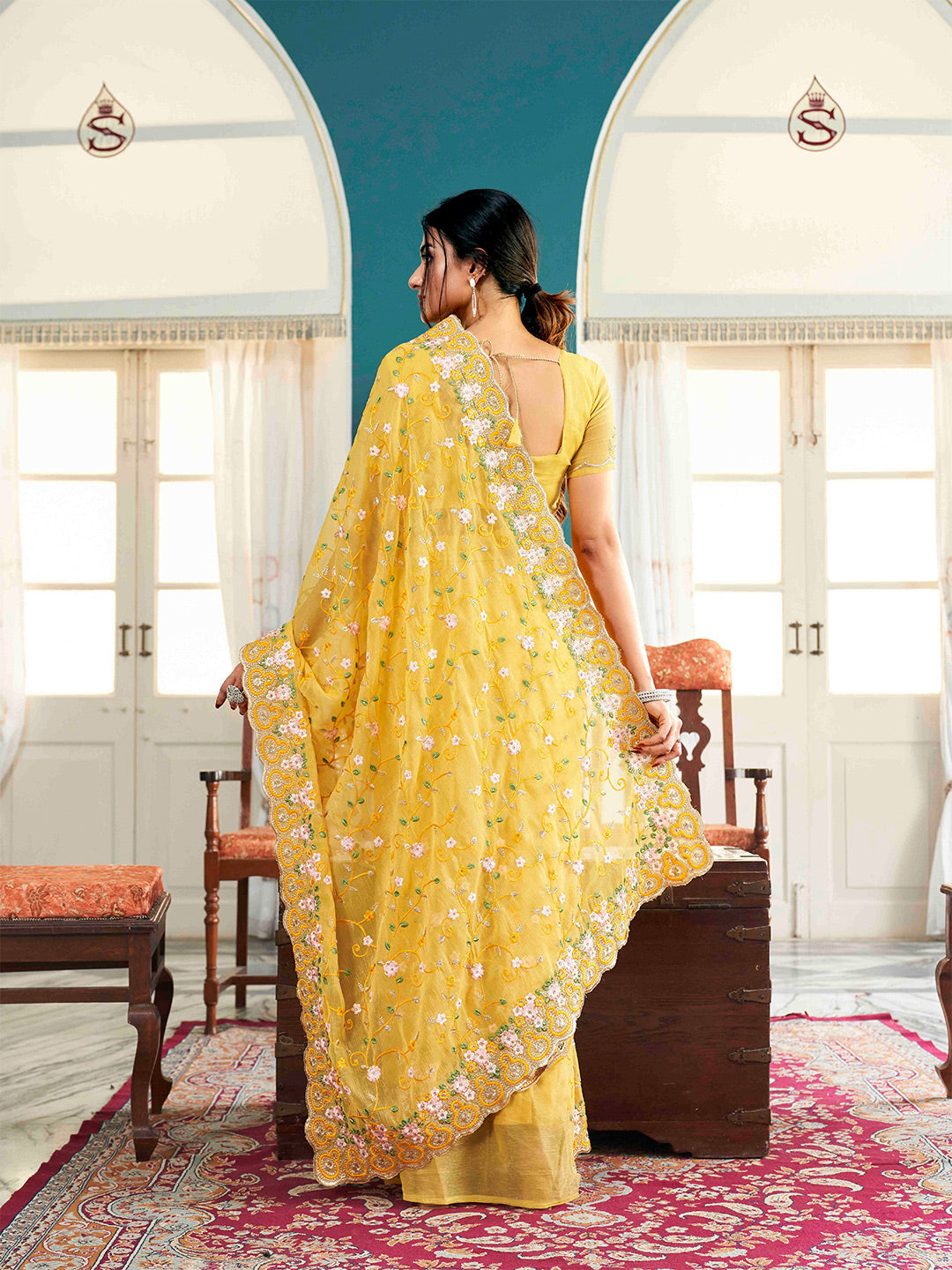 Tikhi Imli Yellow Ethnic Motifs Beads and Stones Embroidered Saree