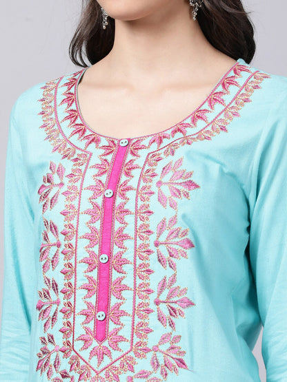 Souchii Women Blue & Pink Embroidered Round Neck Straight Kurta