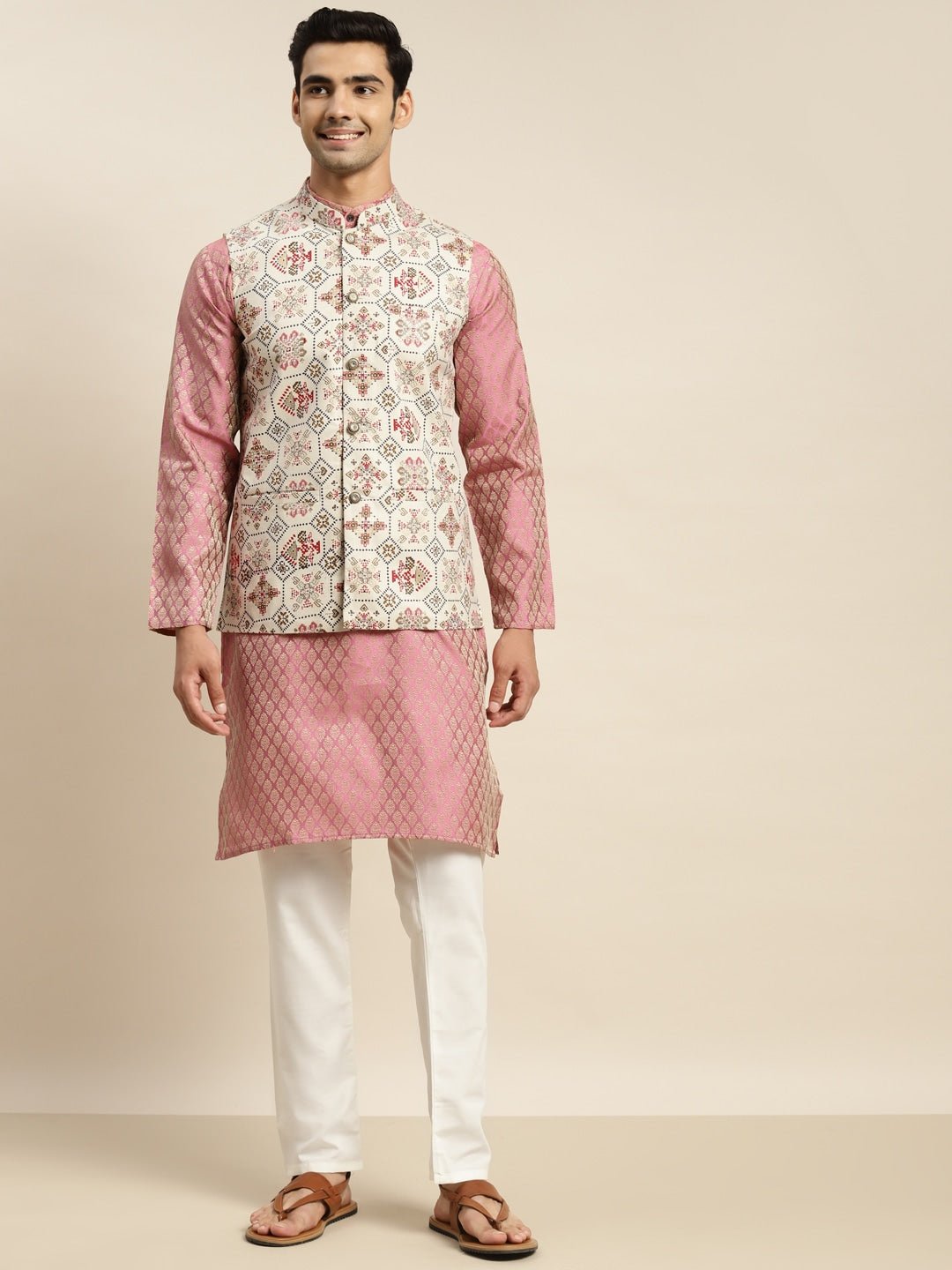 Sojanya Men Pink Ethnic Motifs Kurta with Churidar & Nehru Jacket