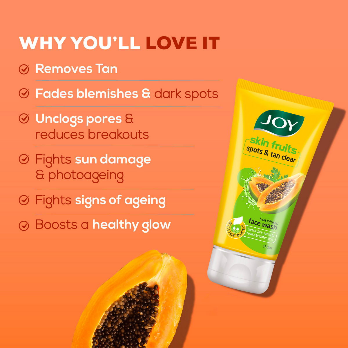 Joy De Tan Papaya Face Wash For Dark Spots Tan & Dead Skin Removal