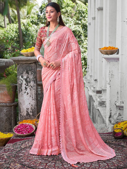 Saree Mall Floral Woven Design Pure Chiffon Beads & Stones Bagru Sarees