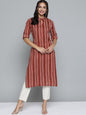 HERE&NOW Women Rust Red & Off-White Pure Cotton Striped Keyhole Neck Straight Kurta