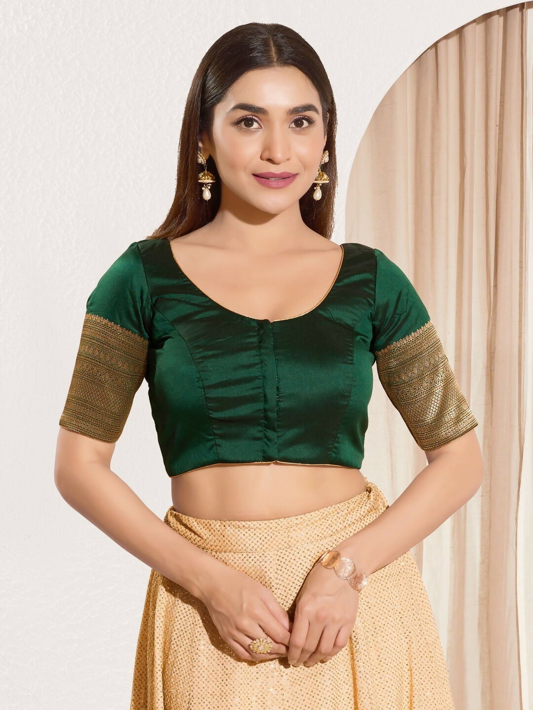 Joban Fashion Bottle Green Taffeta Silk Padded Blouse With Round Neck Elbow Sleeves