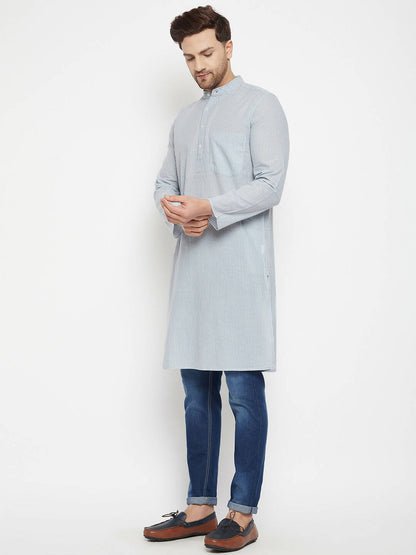Even Apparels Grey Pure Cotton Men's Long Kurta With Band Collar