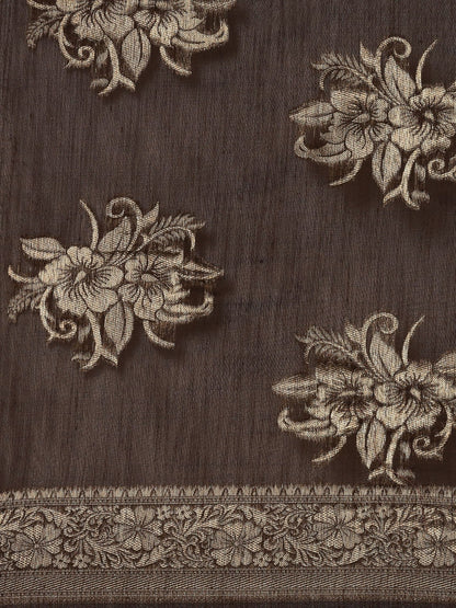 Saree Mall Brown Floral Linen Blend Banarasi Saree