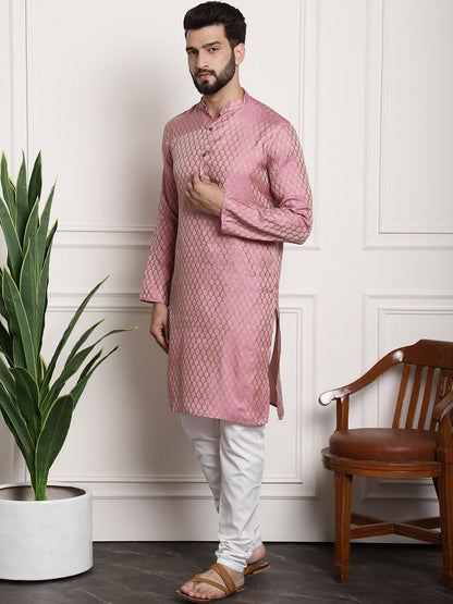 Sojanya Men Pink & Off-White Woven Design Kurta with Churidar