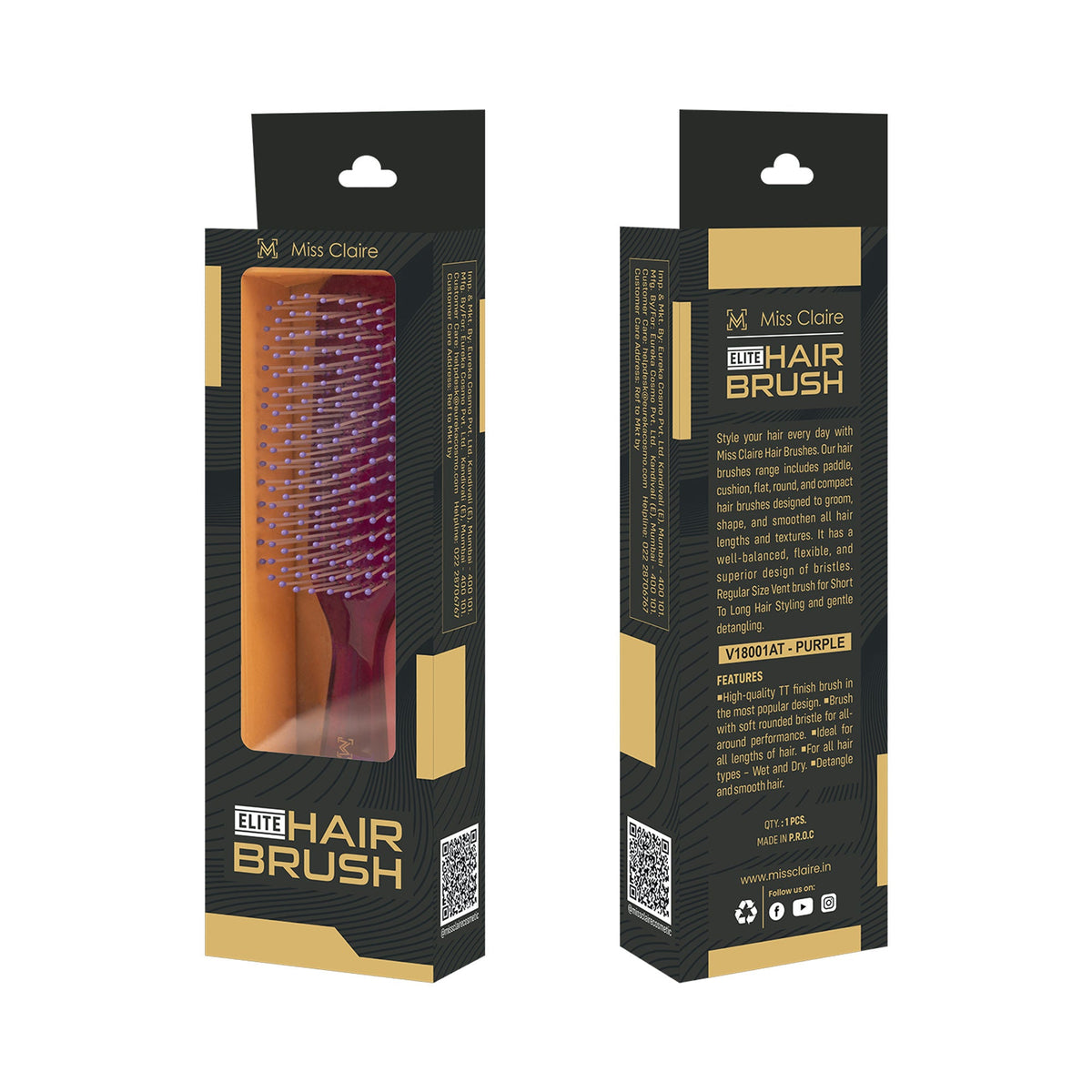 Miss Claire V18001At Flat Hair Brush - Purple
