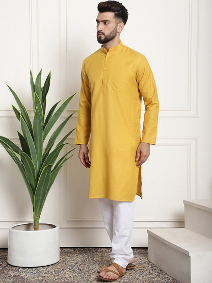 Sojanya Men Mustard Yellow Pure Cotton Kurta with Churidar & Nehru Jacket