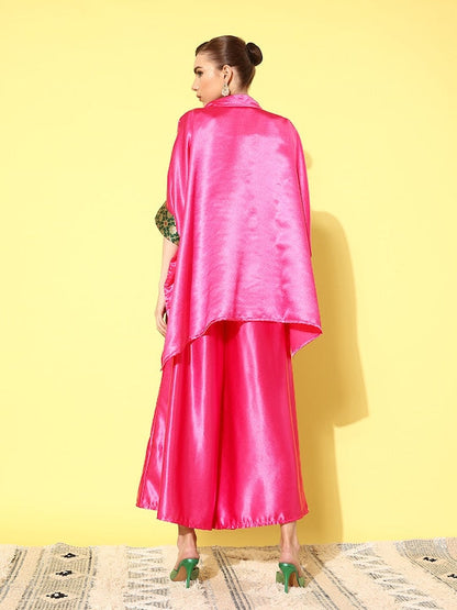 InWeave Women's Pink Green Brocade Satin Boho Kurta Palazzo Set