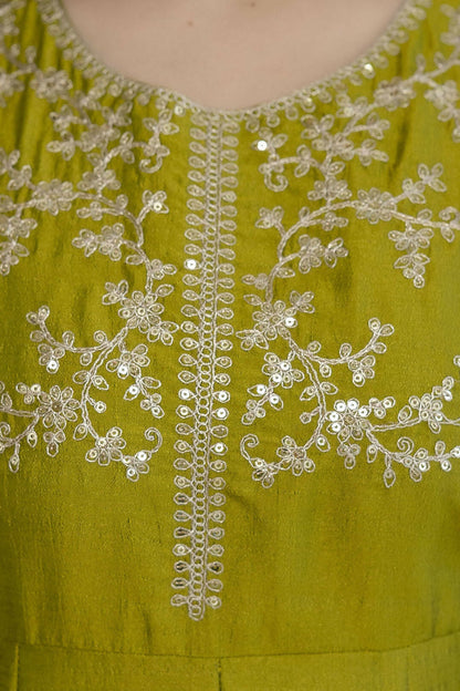 The52 Light Green Women's Beautiful Vichitra Silk Fabric Embroidered Work Flared Anarkali Pant and Dupatta Set