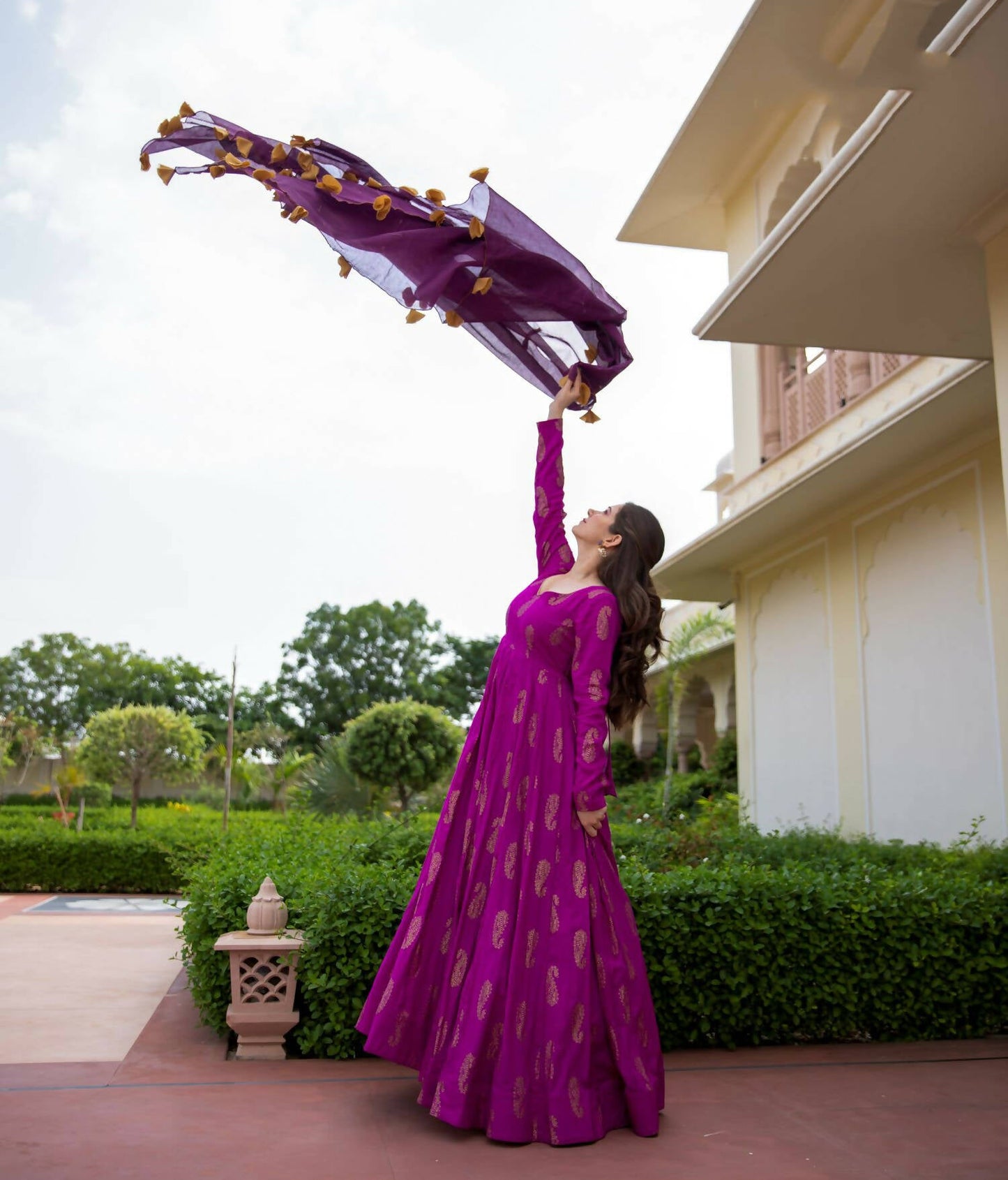 Purple Pure Reyon Gold Foil Work Stitched Suit With Dupatta - Anbazaar