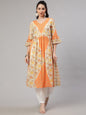 Aks Floral Printed V-Neck Bell Sleeves Pleated Cotton Kurta