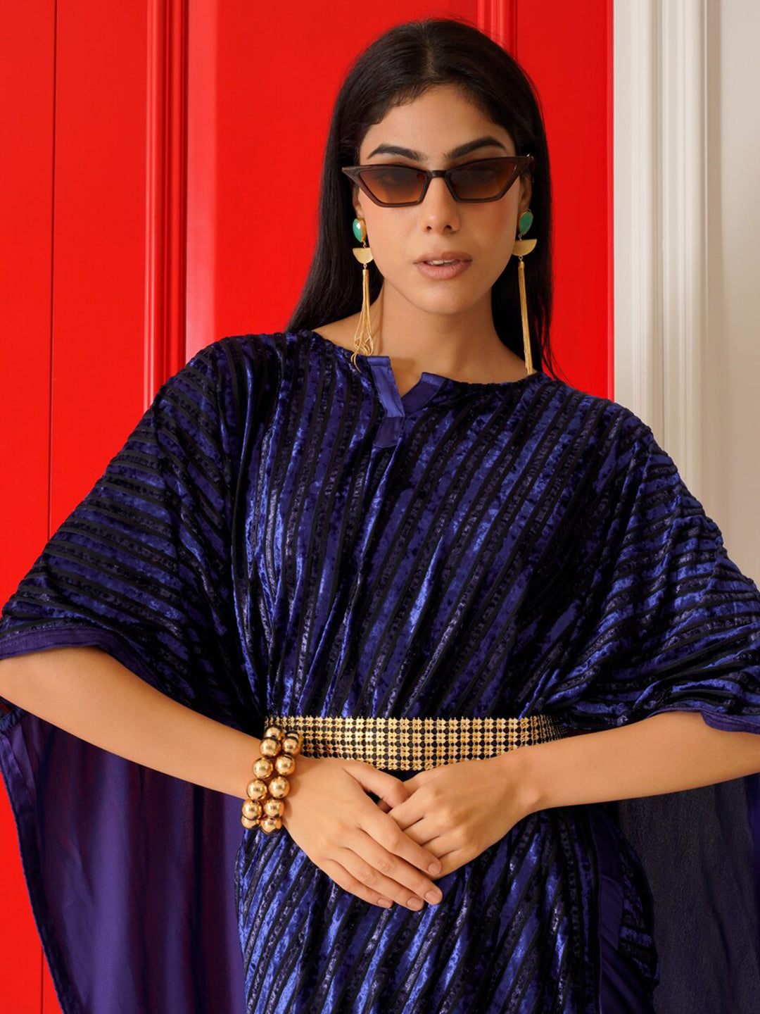 Tikhi Imli Striped Velvet Kaftan Saree