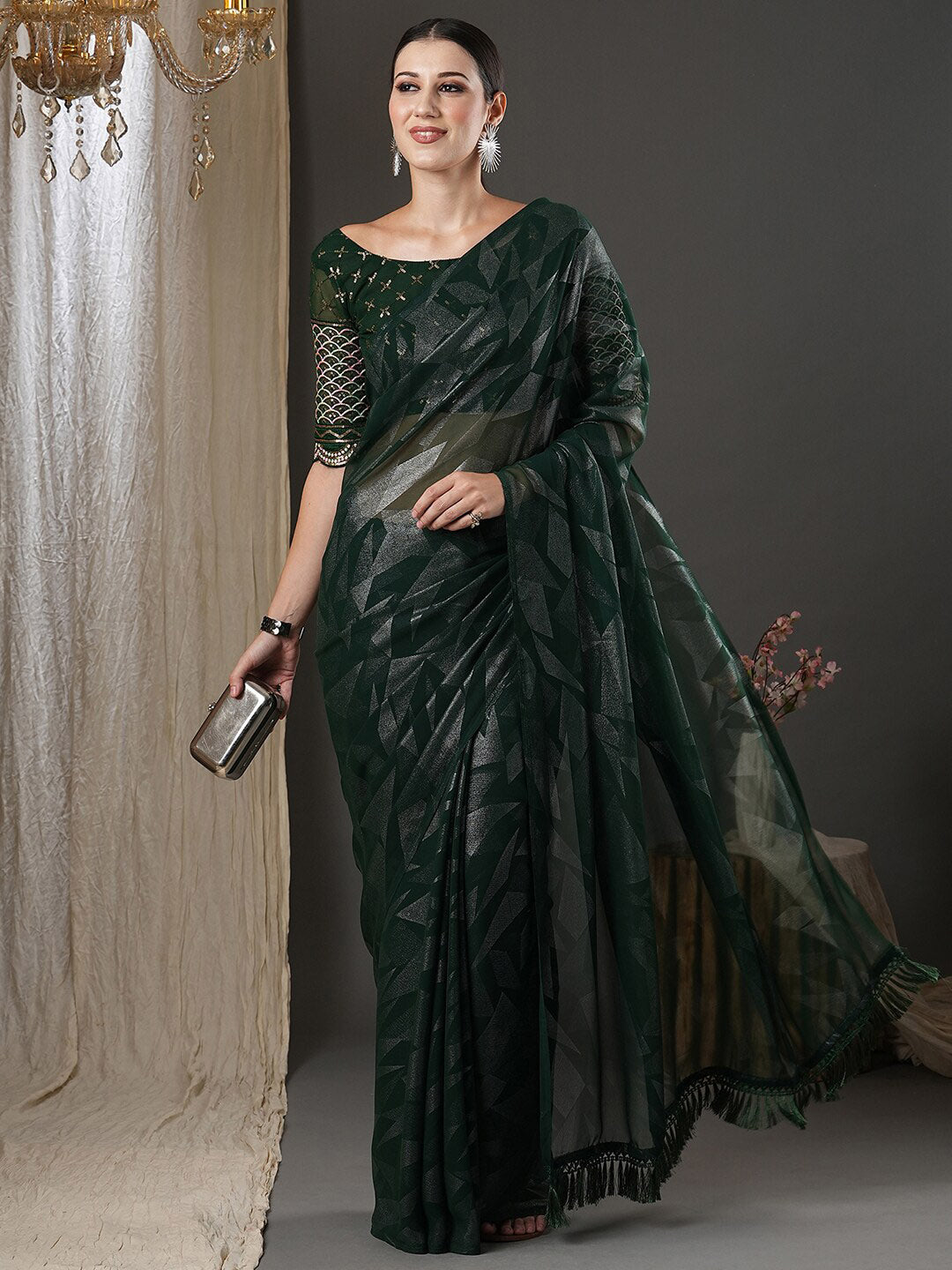 Saree Mall Green Abstract Printed Pure Georgette Saree