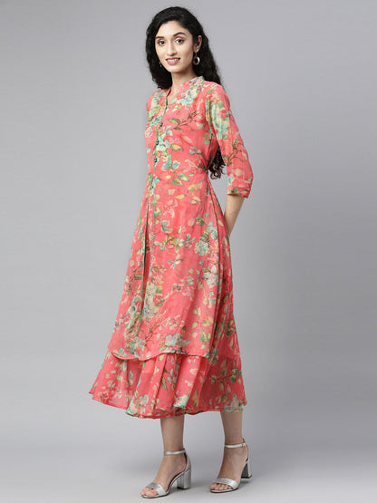 Souchii Women Pink & Green Floral Layered A-Line Midi Dress