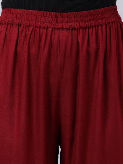 Souchii Women Maroon Solid Pleated Ruffled Liva Palazzos