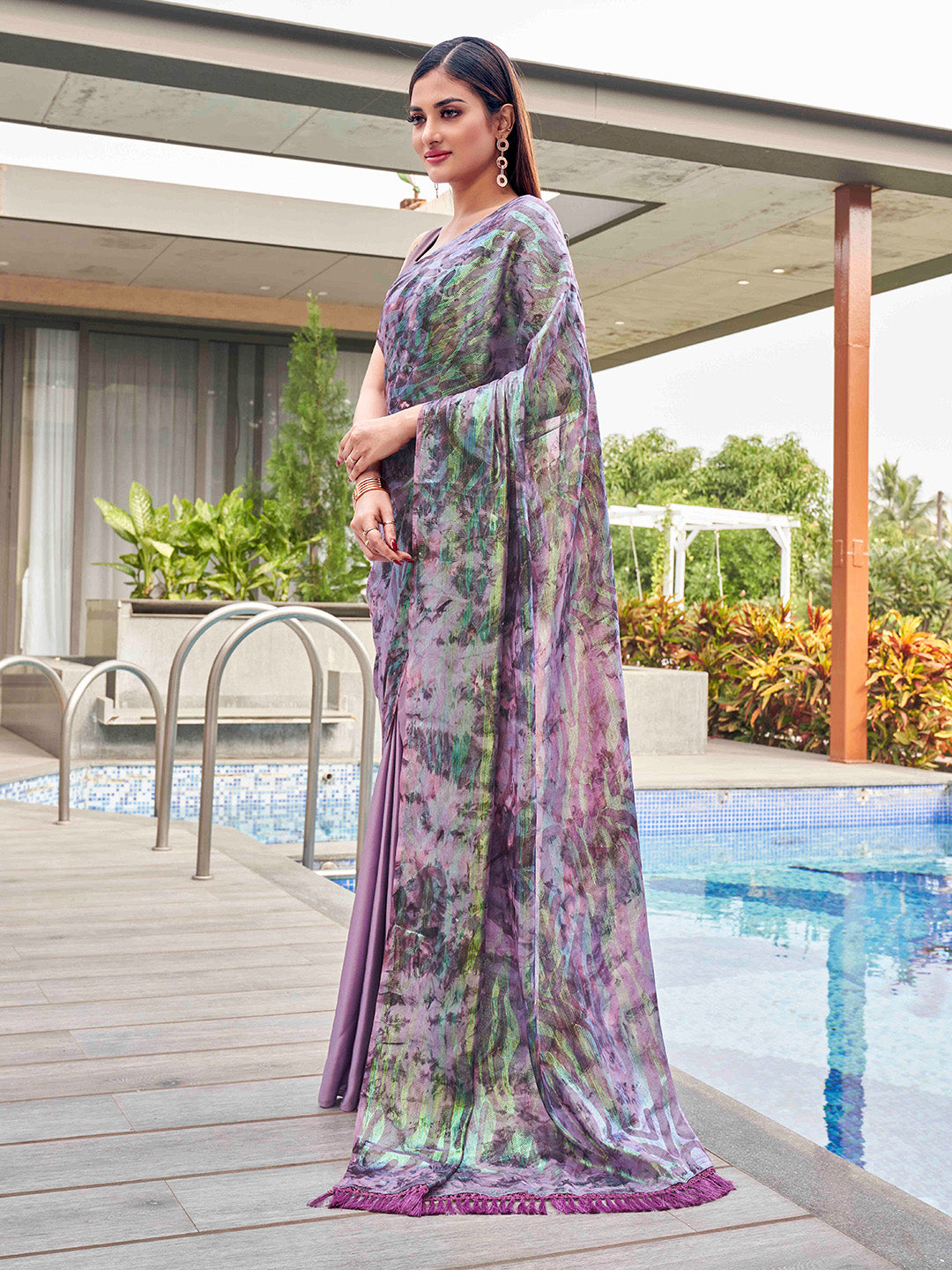 Tikhi Imli Mauve Abstract Printed Satin Half and Half Saree