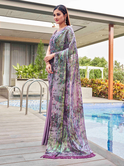 Tikhi Imli Mauve Abstract Printed Satin Half and Half Saree