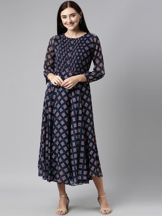Souchii Blue & Red Ethnic Motifs Printed Chiffon Fit & Flare Midi Dress