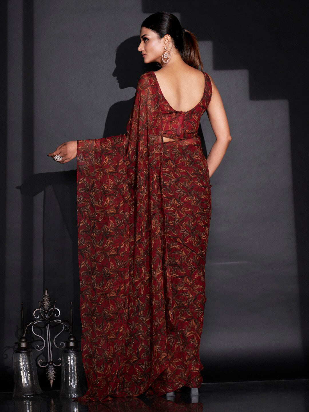 Tikhi Imli Red & Green Floral Printed Poly Georgette Ready To Wear Saree
