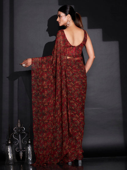 Tikhi Imli Red & Green Floral Printed Poly Georgette Ready To Wear Saree