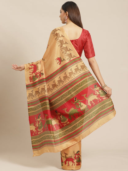 Saree Mall Golden & Maroon Printed Bhagalpuri Saree