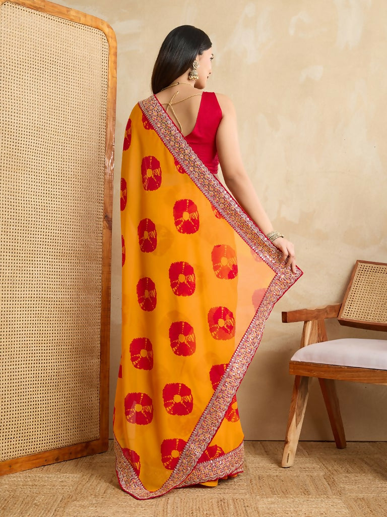Yellow Georgette Printed Designer, Embroidery Work Lace Border Saree - Aarvi
