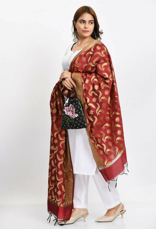Mominos Fashion Moeza Women's Banarsi Silk Floral Woven Design Maroon Dupatta