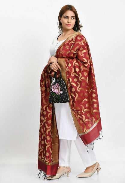 Mominos Fashion Moeza Women's Banarsi Silk Floral Woven Design Maroon Dupatta
