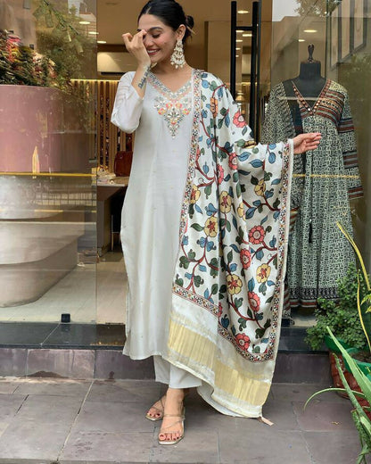 The52 Off White Women's Gorgeous Embroidered Viscose Chanderi Fabric Straight Kurta Pant with Dupatta Set