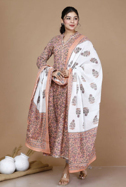 Miravan Women's Surpassing Orange Partywear Floral Printed Anarkali Kurta Dupatta 