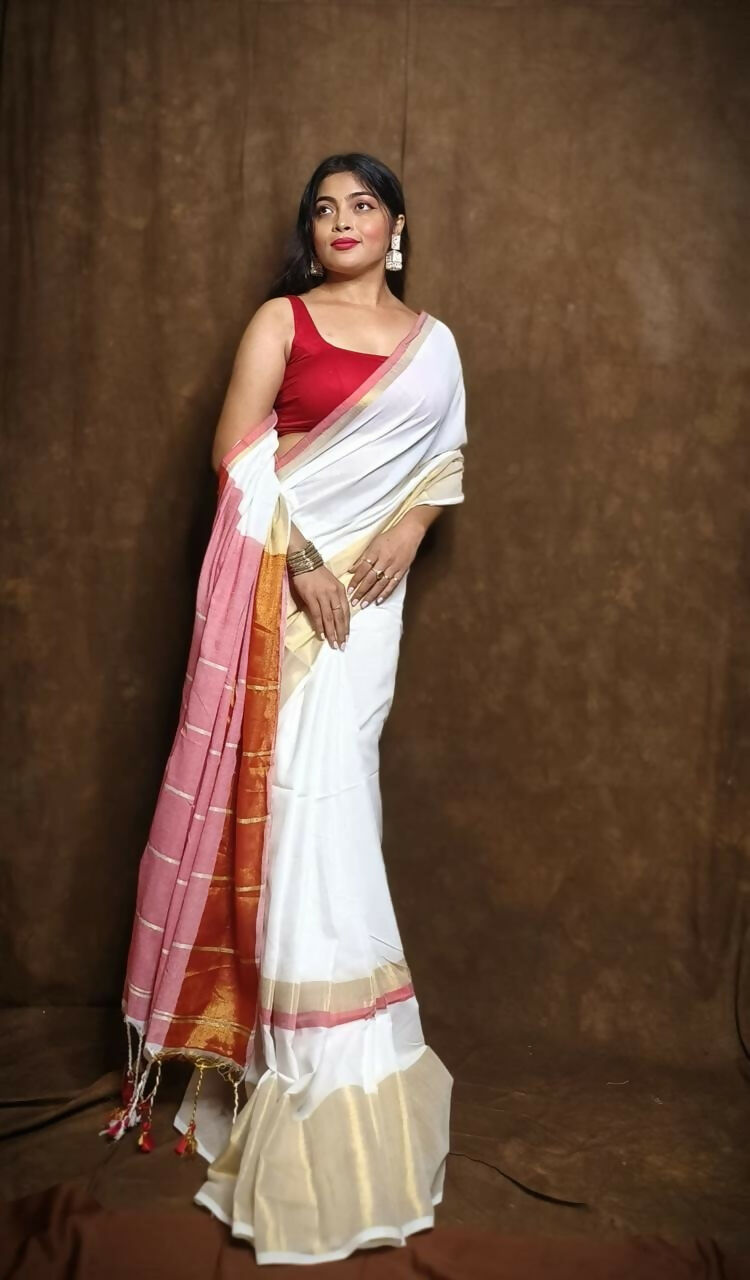 Exclusive Collection White Red Pure Cotton Handloom Gorgeous Saree