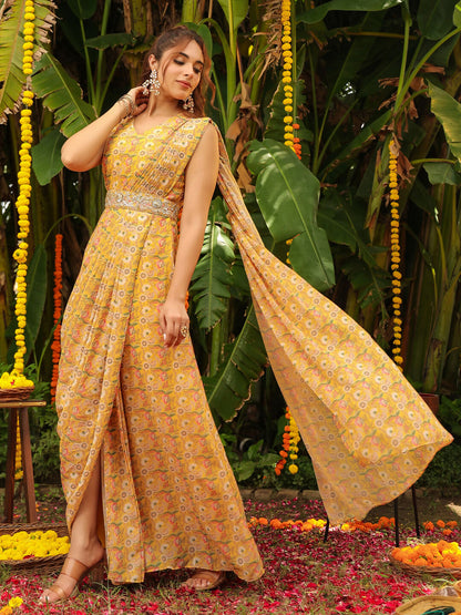 Janasya Mustard Georgette Floral Saree