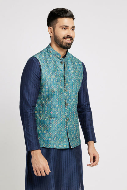 Ethnic India Indigo Blue Bundi Men's Jacket Geometric Polyester