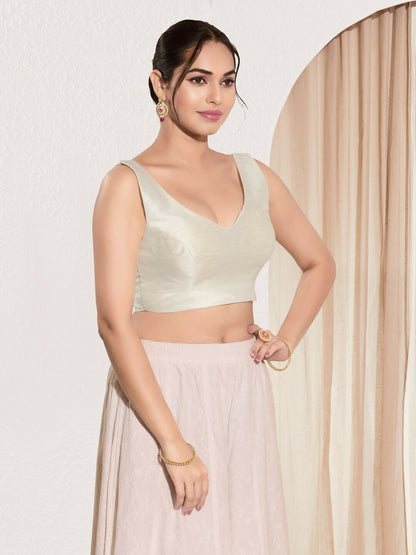 Joban Fashion Off White Mulberry Silk Padded Blouse With Round Neck Sleeveless