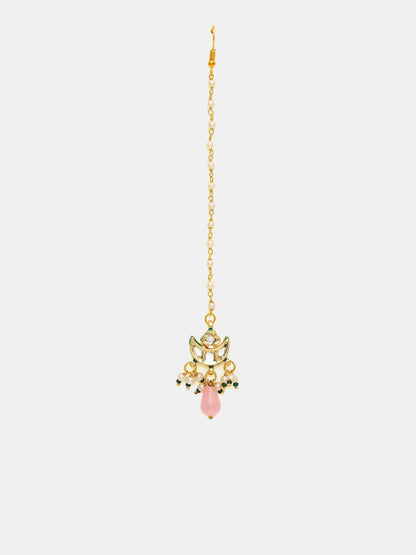 Ruby Raang Gold Polished Pink Kundan Maang Tikka