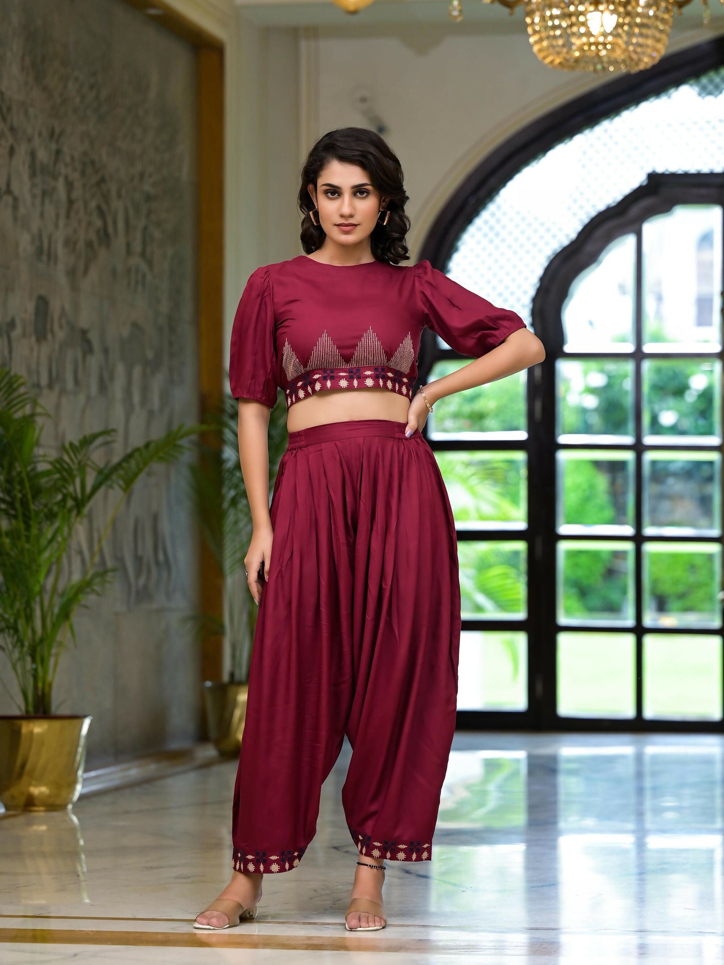 Juniper Women's Rust Thread Embroidered Rayon Top & Dhoti Pant Set