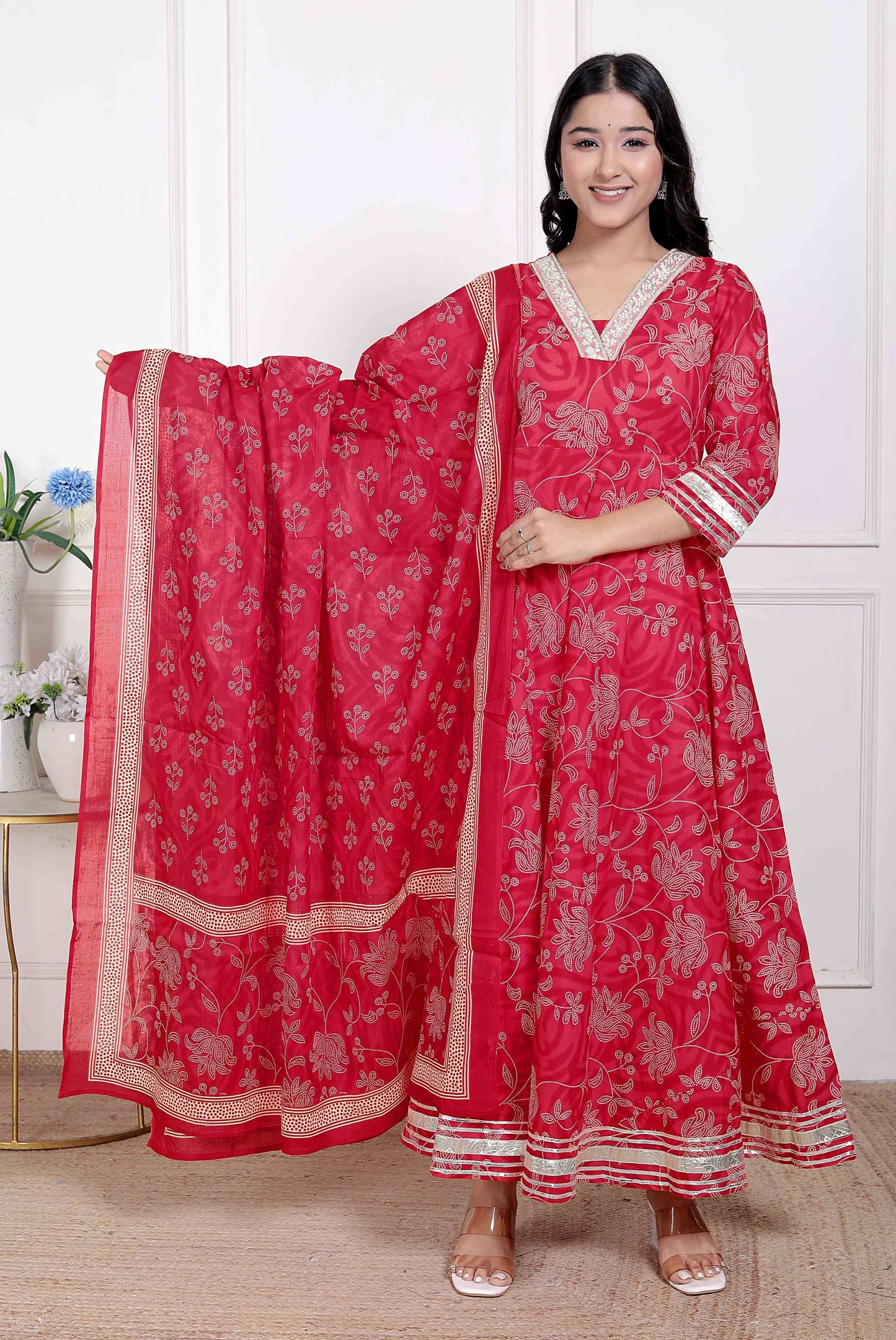Miravan Women's red Embroidered Anarkali Kurta and Dupatta 